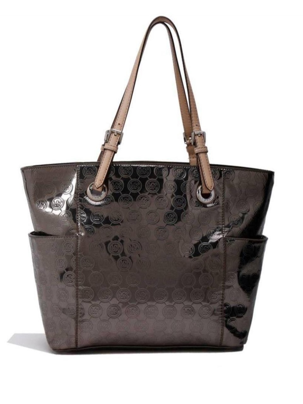 Michael Kors Monogram Mirr Metallic Signature Jet Set Tote NWT